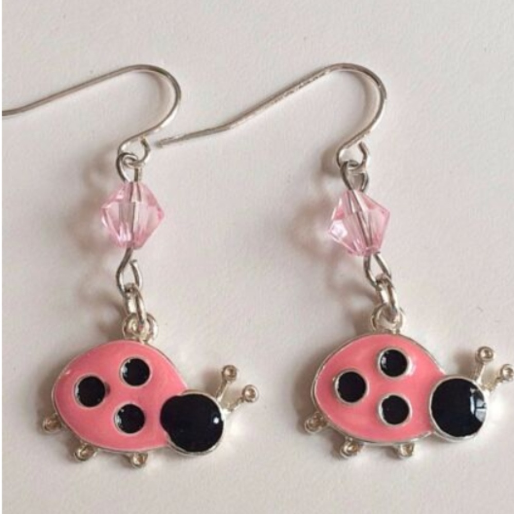 Silver Ladybug Earrings Pink Black Enamel Insect
